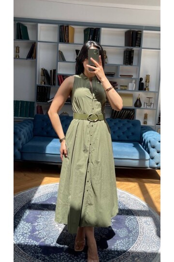 3747-HAKİ KEMERLİ SIFIR KOL ELBİSE