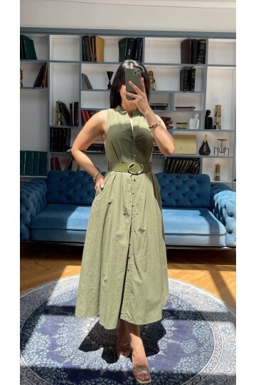 3747-HAKİ KEMERLİ SIFIR KOL ELBİSE