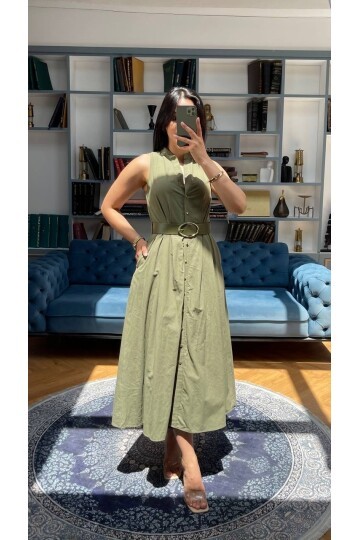 3747-HAKİ KEMERLİ SIFIR KOL ELBİSE