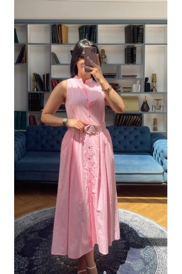 3747-PEMBE KEMERLİ SIFIR KOL ELBİSE