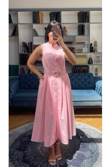 3747-PEMBE KEMERLİ SIFIR KOL ELBİSE