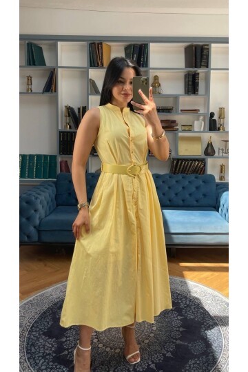 3747-SARI KEMERLİ SIFIR KOL ELBİSE