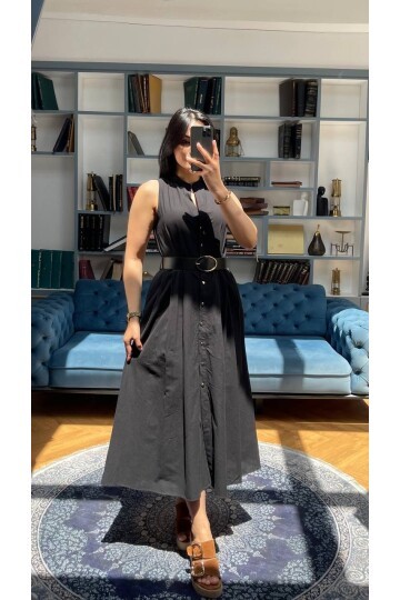 3747-SİYAH KEMERLİ SIFIR KOL ELBİSE