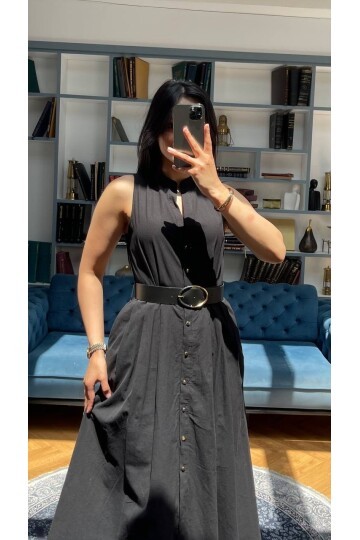 3747-SİYAH KEMERLİ SIFIR KOL ELBİSE