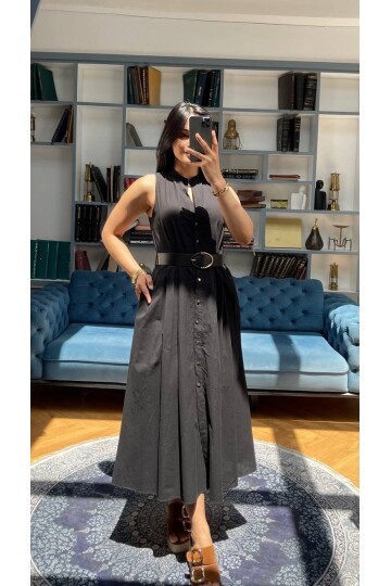 3747-SİYAH KEMERLİ SIFIR KOL ELBİSE