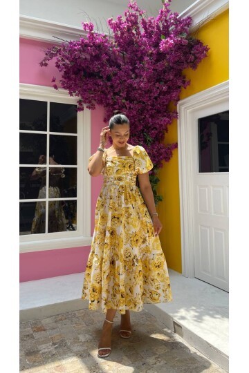 3749-SARI  BÜYÜK GÜL DESEN GİPELİ ELBİSE