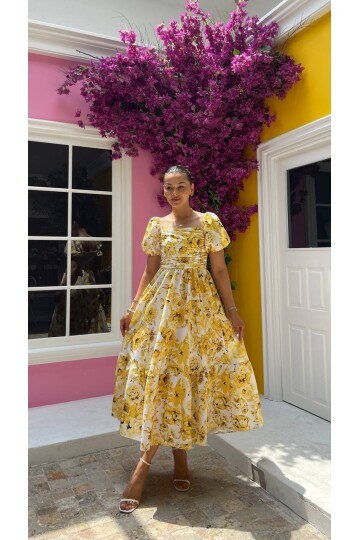 3749-SARI  BÜYÜK GÜL DESEN GİPELİ ELBİSE