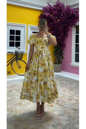 3749-SARI  BÜYÜK GÜL DESEN GİPELİ ELBİSE