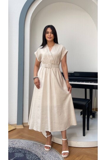 3751-BEJ KETEN ANVELOK KEMERLİ ELBİSE