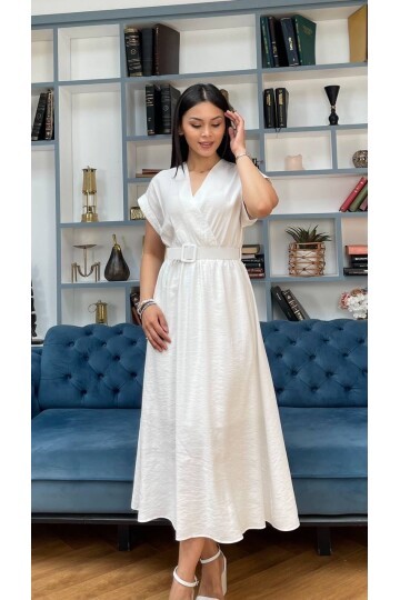 3751-BEYAZ KETEN ANVELOK KEMERLİ ELBİSE