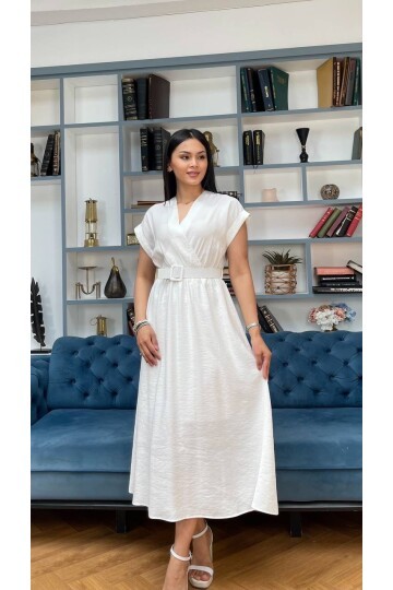 3751-BEYAZ KETEN ANVELOK KEMERLİ ELBİSE