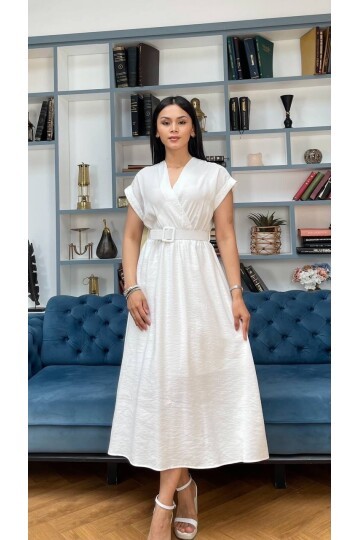 3751-BEYAZ KETEN ANVELOK KEMERLİ ELBİSE