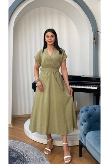 3751-HAKİ KETEN ANVELOK KEMERLİ ELBİSE