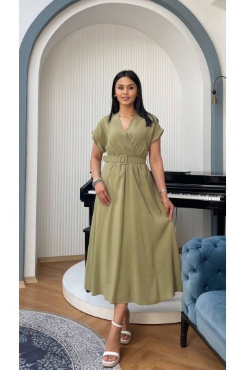 3751-HAKİ KETEN ANVELOK KEMERLİ ELBİSE