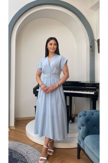 3751-MAVİ KETEN ANVELOK KEMERLİ ELBİSE