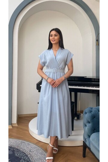 3751-MAVİ KETEN ANVELOK KEMERLİ ELBİSE