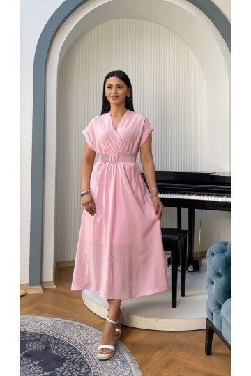 3751-PEMBE KETEN ANVELOK KEMERLİ ELBİSE