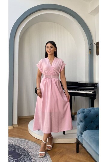 3751-PEMBE KETEN ANVELOK KEMERLİ ELBİSE