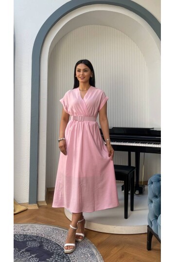 3751-PEMBE KETEN ANVELOK KEMERLİ ELBİSE