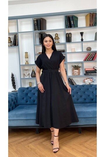 3751-SİYAH KETEN ANVELOK KEMERLİ ELBİSE