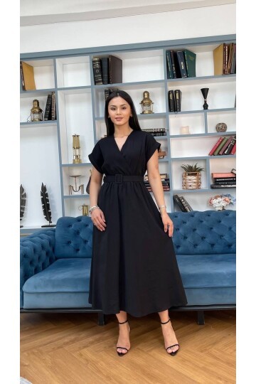 3751-SİYAH KETEN ANVELOK KEMERLİ ELBİSE