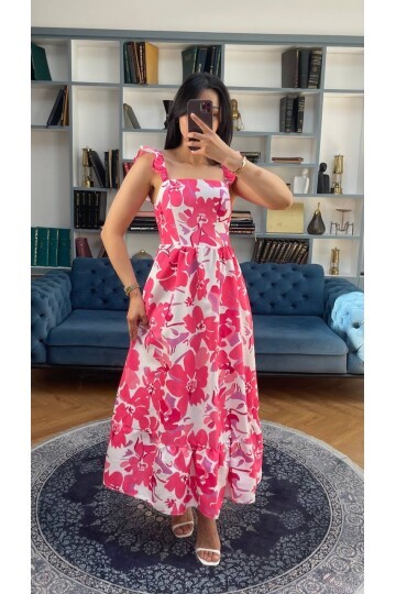 3752-PEMBE ÇİÇEK DESEN KOLLARI FIRFIRLI ELBİSE