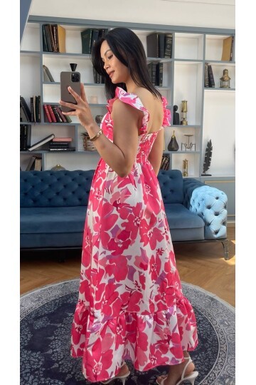 3752-PEMBE ÇİÇEK DESEN KOLLARI FIRFIRLI ELBİSE