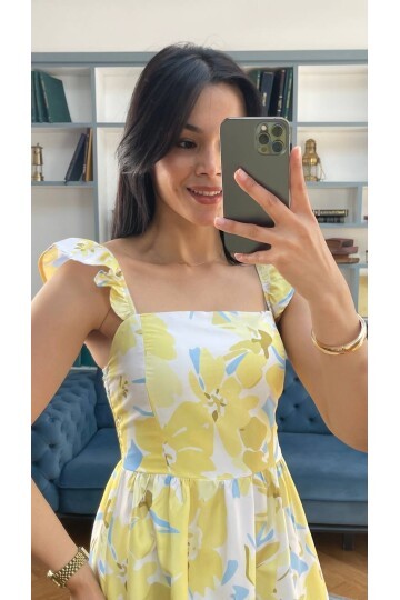 3752-SARI ÇİÇEK DESEN KOLLARI FIRFIRLI ELBİSE