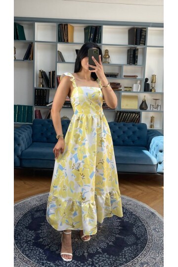 3752-SARI ÇİÇEK DESEN KOLLARI FIRFIRLI ELBİSE