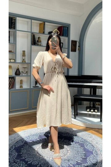 3753-BEJ GÖĞÜS KISMI BAĞLAMA DETAY ELBİSE