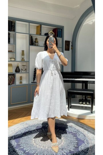 3753-BEYAZ GÖĞÜS KISMI BAĞLAMA DETAY ELBİSE