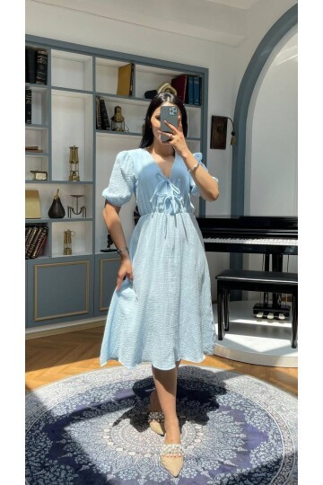 3753-MAVİ GÖĞÜS KISMI BAĞLAMA DETAY ELBİSE