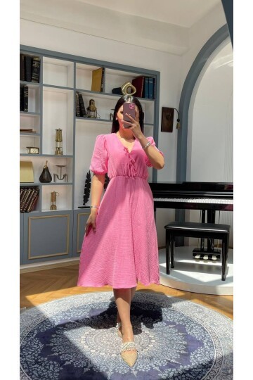 3753-PEMBE GÖĞÜS KISMI BAĞLAMA DETAY ELBİSE