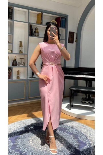 3755-PEMBE BÖBREK PENCERELİ TOKALI ELBİSE