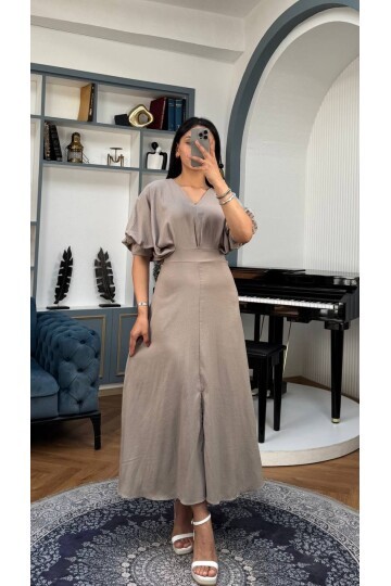 3759-GRİ BALON KOL V YAKA ELBİSE