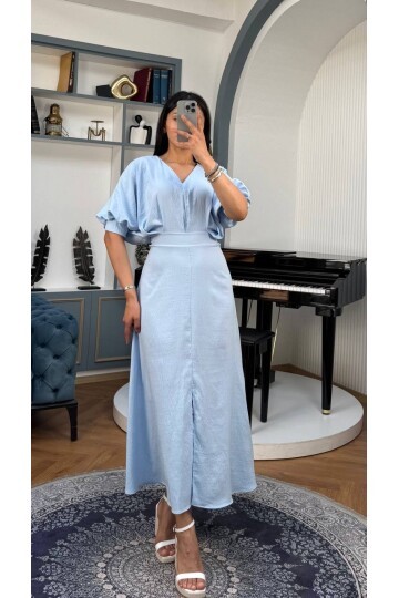 3759-MAVİ BALON KOL V YAKA ELBİSE