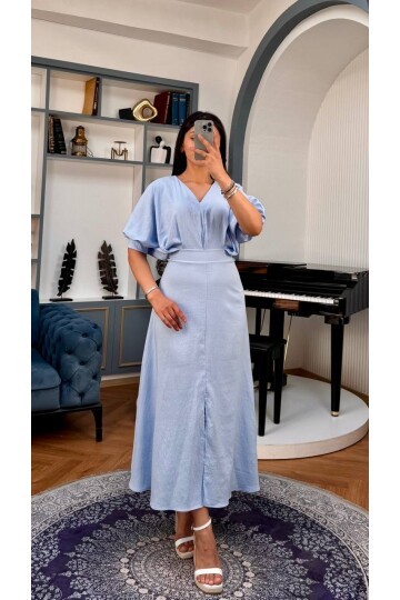 3759-MAVİ BALON KOL V YAKA ELBİSE