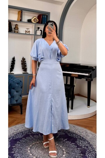 3759-MAVİ BALON KOL V YAKA ELBİSE