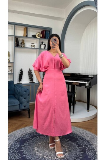 3759-PEMBE BALON KOL V YAKA ELBİSE
