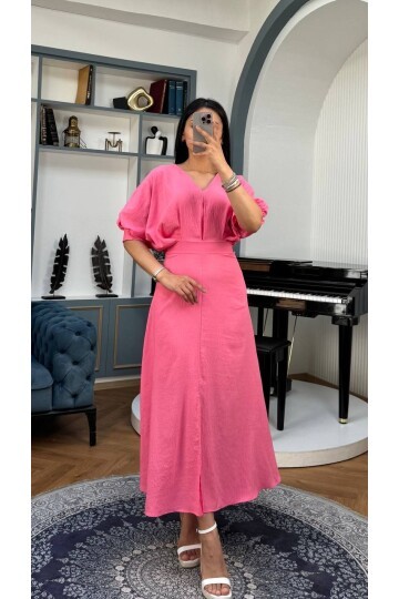 3759-PEMBE BALON KOL V YAKA ELBİSE