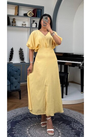 3759-SARI BALON KOL V YAKA ELBİSE