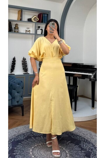 3759-SARI BALON KOL V YAKA ELBİSE