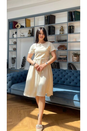 3760-BEJ TAKIM DETAY ELBİSE