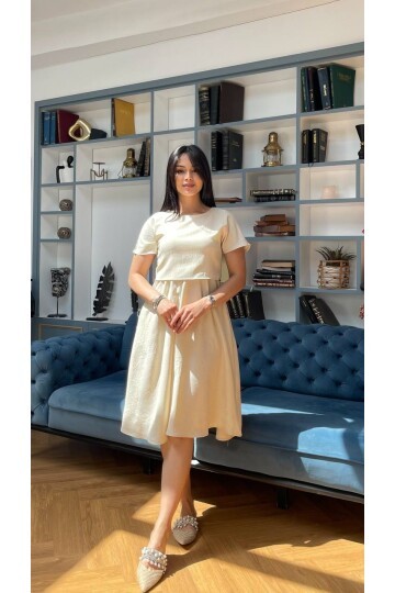 3760-BEJ TAKIM DETAY ELBİSE