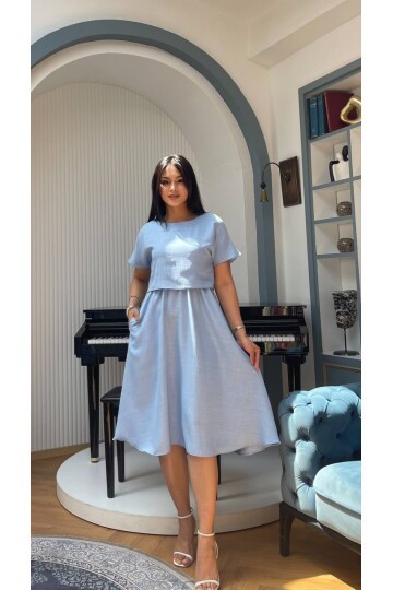 3760-MAVİ TAKIM DETAY ELBİSE