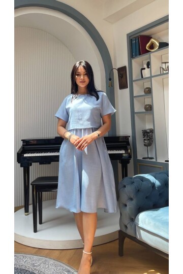 3760-MAVİ TAKIM DETAY ELBİSE