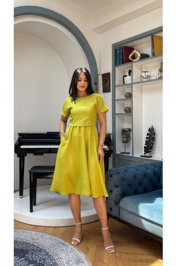 3760-OLİV TAKIM DETAY ELBİSE