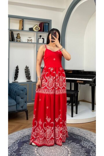 3762-KIRMIZI ALTI SULU ÇİÇEK DESEN SIFIR KOL ELBİSE
