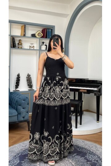 3762-SİYAH ALTI SULU ÇİÇEK DESEN SIFIR KOL ELBİSE