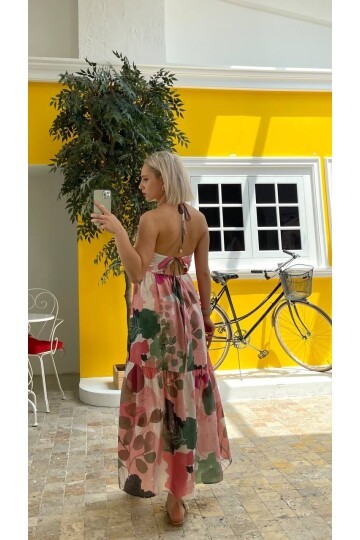 3771-PUDRA SIRT BAĞLAMALI ELBİSE